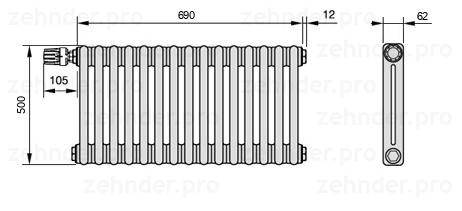 Схема (чертеж) Радиатор Zehnder Charleston 2050/15 №V011 Белый глянцевый RAL 9016